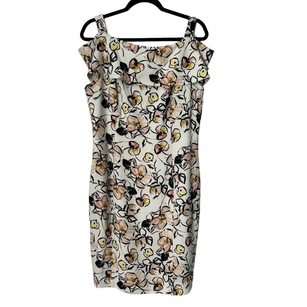 Badgley Mischka Dress Size 14 White Floral Wide Collar‎ Square Neckline Pencil